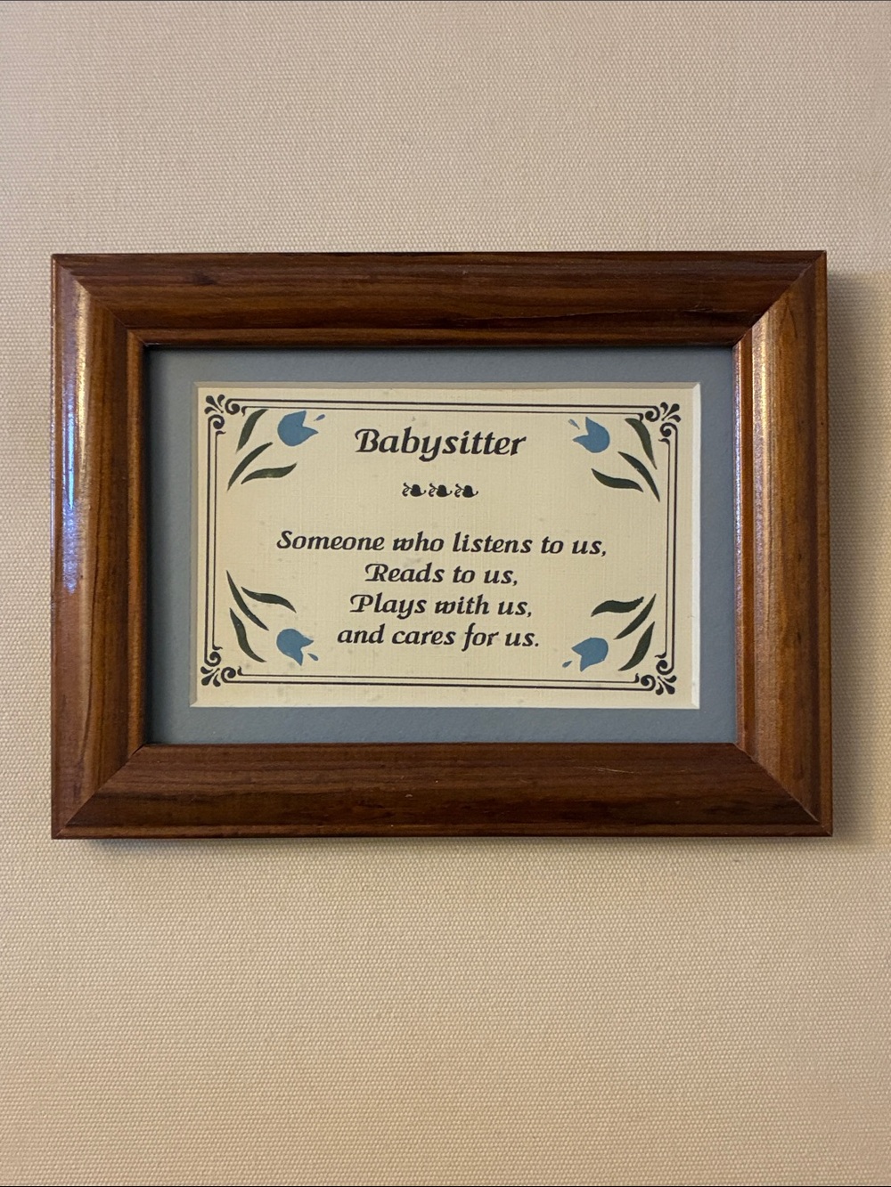 Framed Babysitter Sign Wall Art in Brown with Blue Mat